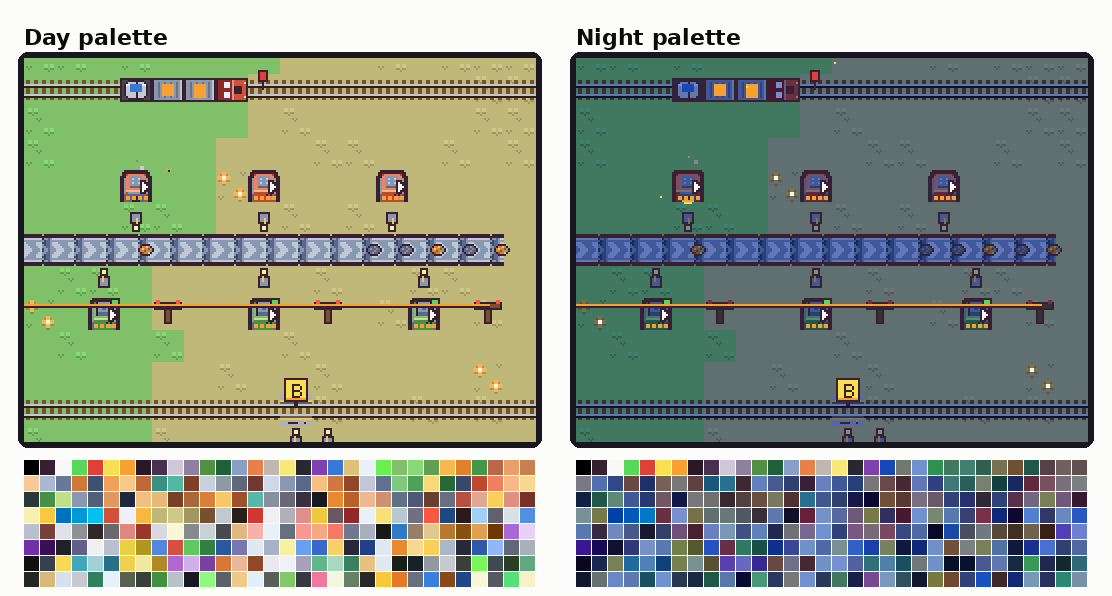 The same frame with the day palette and the night palette