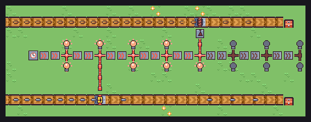 A clock, delays, lamps, a NOT gate and two belt gates