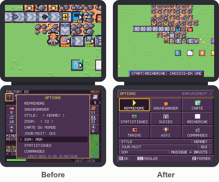 Options menu, before and after